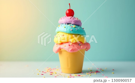 Playful Kids Concept of Rainbow Ice Cream Cone with Bright Colors 130090057
