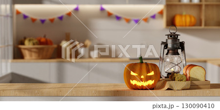 Halloween celebration with pumpkin lantern and festive decor. 3D render illustration 130090410