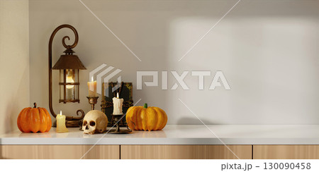 Charming Halloween scene with pumpkins and candles for a cozy atmosphere. 3D render illustration 130090458