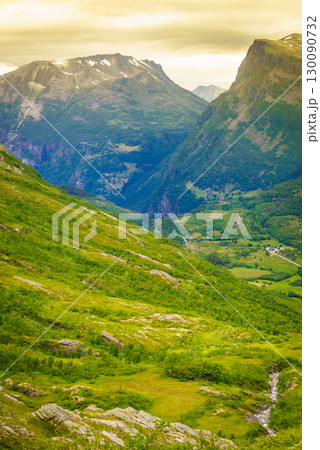 Norway landscape, mountains and green valley Norway landscape, mountains and green valley 130090732