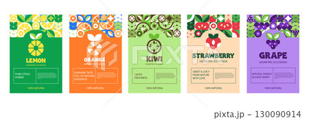 Modern Fruit Labels with Geometric Mosaic Design in a Vector Illustration Modern Fruit Labels with Geometric Mosaic Design in a Vector Illustration 130090914