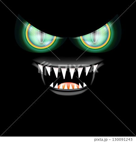 Monster with green eyes and big fangs looks out from the darkness. Scary Halloween black monster background with eyes, shark teeth and open mouth. Happy Halloween card design template 130091243