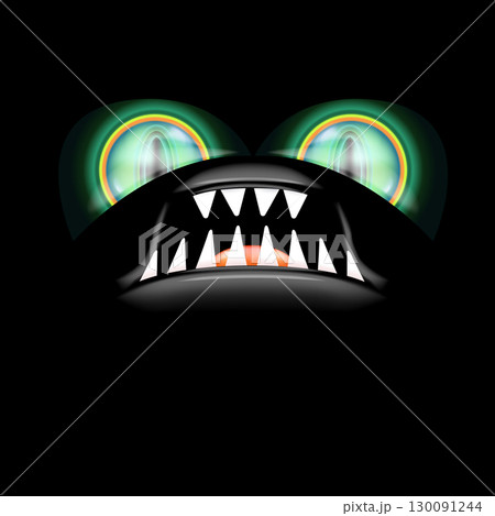 Monster with green eyes and big fangs looks out from the darkness. Scary Halloween black monster background with eyes, shark teeth and open mouth. Happy Halloween card design template 130091244