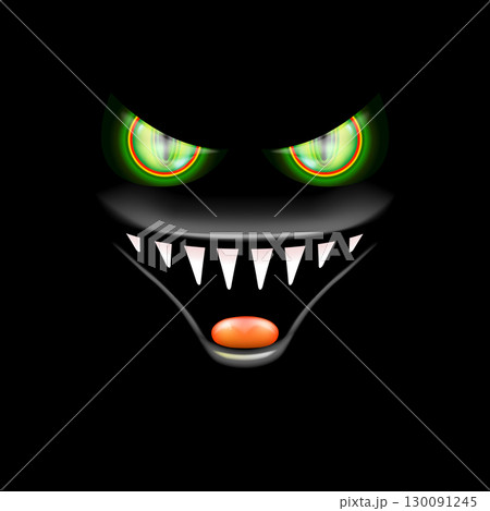 Monster with green eyes and big fangs looks out from the darkness. Scary Halloween black monster background with eyes, shark teeth and open mouth. Happy Halloween card design template 130091245
