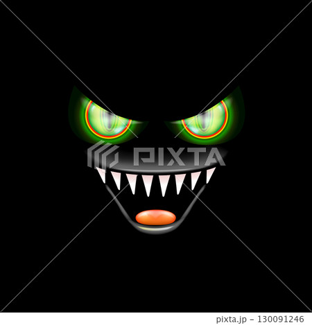 A fearsome monster with sharp fangs and piercing green eyes stares out of the shadows, creating a scary Halloween background with an open mouth and shark teeth 130091246