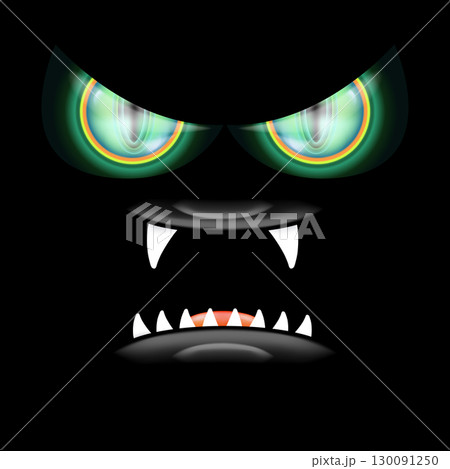 A scary monster with glowing green eyes and razor-sharp teeth peers out of the darkness, a frightful Halloween backdrop featuring an open mouth and fangs 130091250