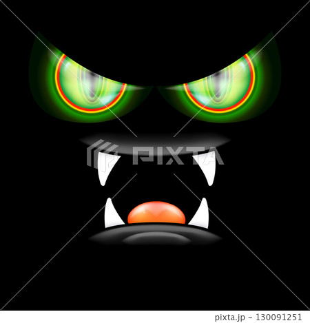 A scary monster with glowing green eyes and razor-sharp teeth peers out of the darkness, a frightful Halloween backdrop featuring an open mouth and fangs 130091251