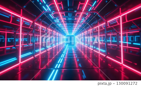Vivid Cyberspace Tunnel Endless With Radiant Reflective Light Streams Vivid Cyberspace Tunnel Endless With Radiant Reflective Light Streams 130091272