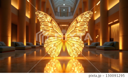 The Majestic Golden Butterfly in a Luxury Futuristic Room 130091295