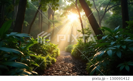 Peaceful Tropical Forest Illuminated With Warm Golden Sun Rays 130091412