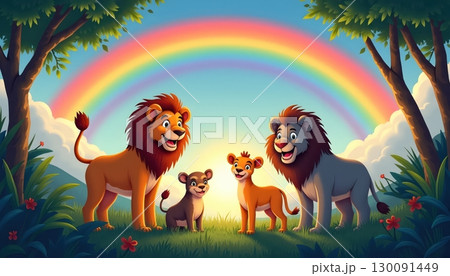 Happy Group of Animals Enjoying Sunshine and Rainbow Together 130091449