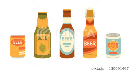 Set of beer bottles and cans. Flat vector isolated illustration Set of beer bottles and cans. Flat vector isolated illustration 130091467