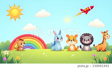 Playful Cartoon Animals Sitting Beneath Rainbow with Rocket in Sky 130091491