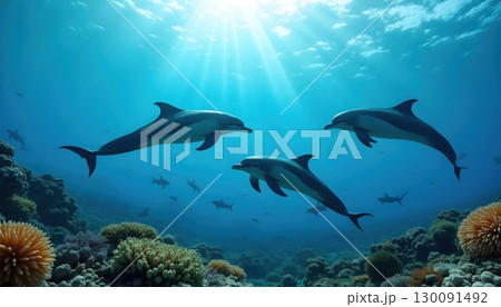 Dolphins Swimming Gracefully in a Magical Underwater Coral Paradise 130091492