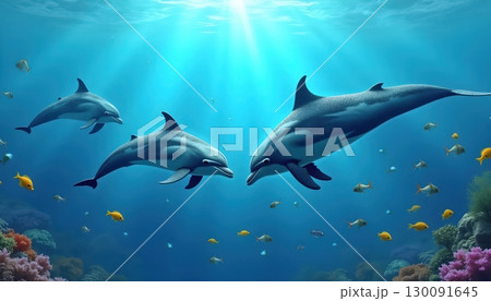 Magical Underwater Paradise Where Dolphins and Fish Live Together 130091645