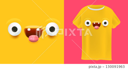 Funny monster character vector illustration, cartoon yellow creature, silly face with big googly eyes and tongue out, creative design for t-shirts, sticker and label, fun graphic art for kids projects Funny monster character vector illustration, cartoon yellow creature, silly face with big googly eyes and tongue out, creative design for t-shirts, sticker and label, fun graphic art for kids projects 130091963