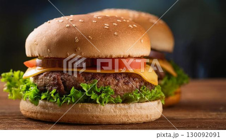 美味しそうなハンバーガーとポテト 美味しそうなハンバーガーとポテト 130092091