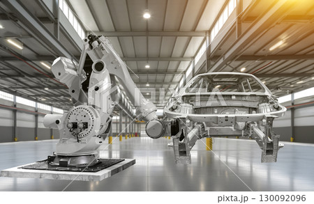 Automated Robot Arm Assembly Line Manufacturing High-Tech Green Energy Electric Vehicles. Automatic Construction, Building, Welding Industrial Production Conveyor in Car Factory. Automated Robot Arm Assembly Line Manufacturing High-Tech Green Energy Electric Vehicles. Automatic Construction, Building, Welding Industrial Production Conveyor in Car Factory. 130092096