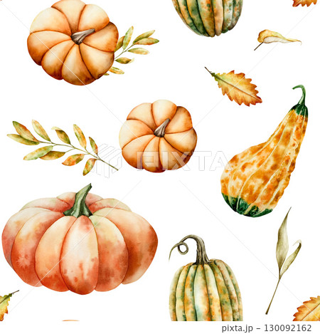 Watercolor seamless pattern with pumpkins painted in orange and green tones. Hand-drawn maple, oak leaf, halloween autumn vegetable perfect for harvest and thanksgiving themes. Isolated botanical 130092162