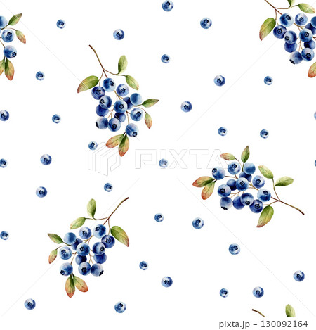 Watercolor seamless pattern with branch of juicy blueberries with green leaves. Botanical hand drawn isolated illustration ideal for seasonal, forest, or nature-themed designs. Rustic foliage perfect 130092164