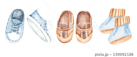 Baby Boy Shoes Set. Blue Booties, Brown leather moccasins and jeans Sneakers. Hand drawn watercolor illustration of Kids Boots isolated on a white background. Cute Infant clipart for invitations Baby Boy Shoes Set. Blue Booties, Brown leather moccasins and jeans Sneakers. Hand drawn watercolor illustration of Kids Boots isolated on a white background. Cute Infant clipart for invitations 130092186