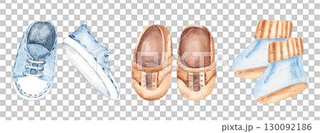 Baby Boy Shoes Set. Blue Booties, Brown leather moccasins and jeans Sneakers. Hand drawn watercolor illustration of Kids Boots isolated on a white background. Cute Infant clipart for invitations Baby Boy Shoes Set. Blue Booties, Brown leather moccasins and jeans Sneakers. Hand drawn watercolor illustration of Kids Boots isolated on a white background. Cute Infant clipart for invitations 130092186