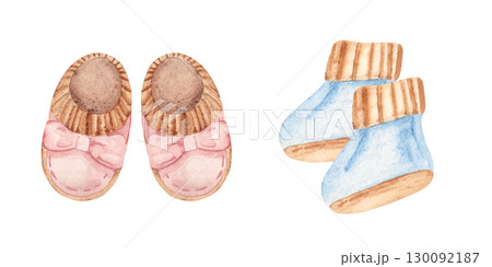 Baby Shoes Set for Boy and Girl. Hand drawn watercolor illustration of Booties for Kids isolated on a white background. Cute Infant footwear clipart for invitations, Gender party, Baby shower 130092187