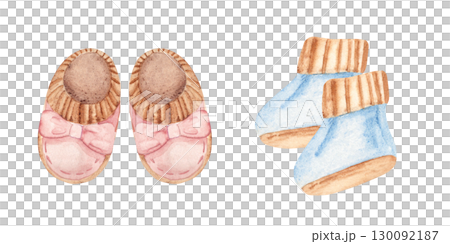Baby Shoes Set for Boy and Girl. Hand drawn watercolor illustration of Booties for Kids isolated on a white background. Cute Infant footwear clipart for invitations, Gender party, Baby shower Baby Shoes Set for Boy and Girl. Hand drawn watercolor illustration of Booties for Kids isolated on a white background. Cute Infant footwear clipart for invitations, Gender party, Baby shower 130092187