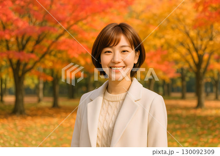 秋の紅葉に包まれて微笑む女性の爽やかな表情 130092309