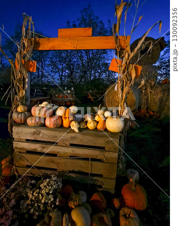 Pumpkins and gourds displayed on wooden crate at night market for halloween 130092356