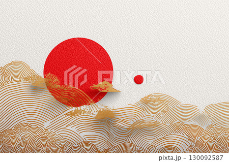 日の丸と金色の雲を描いた和風抽象デザイン 130092587