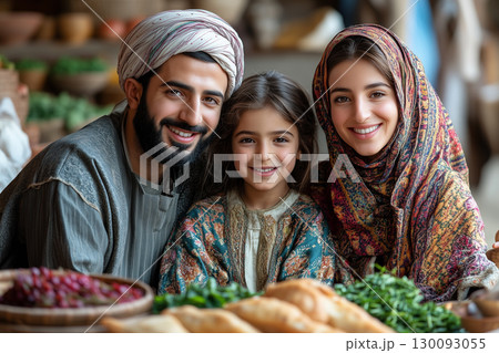 Smiling muslim family celebrating persian new year, sharing traditional dishes and cultural warmth during festive family gathering 130093055