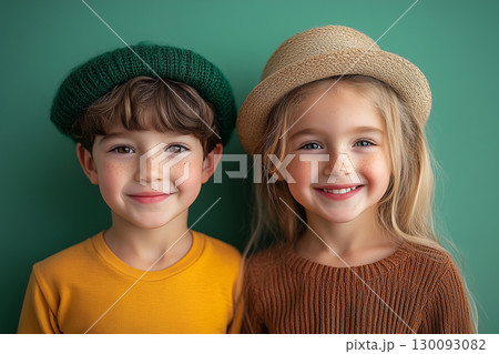 Children in festive hats smiling, Irish-American heritage celebration, cultural traditions, family-friendly holiday joy 130093082