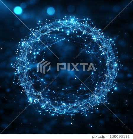 Glowing plexus sphere rotating on dark blue bokeh background, visualization of digital data and futuristic technology 130093152