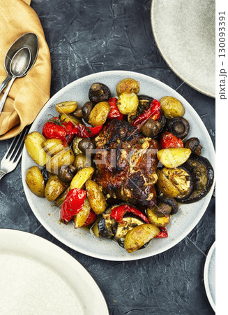 Baked or braised meat with vegetables. Baked or braised meat with vegetables. 130093391