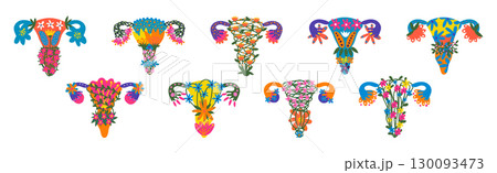 Healthy Female Reproductive System with Bright Flowers and Plant Vector Set Healthy Female Reproductive System with Bright Flowers and Plant Vector Set 130093473