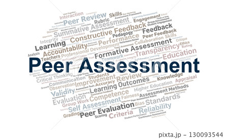 Peer Assessment Word Cloud. Key Concepts On Evaluation, Feedback, Review, Learning, Collaboration, And Educational Development In Academic And Professional Contexts. Peer Assessment Word Cloud. Key Concepts On Evaluation, Feedback, Review, Learning, Collaboration, And Educational Development In Academic And Professional Contexts. 130093544