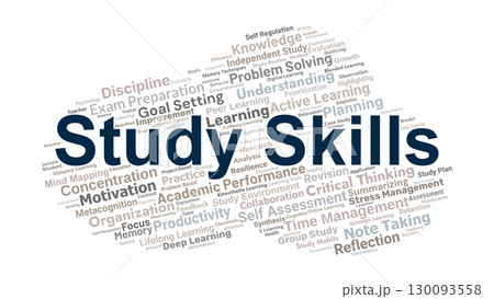 Study Skills Word Cloud. Essential Concepts Of Learning, Memory, Motivation, Time Management, Critical Thinking, And Academic Performance For Effective Education. Study Skills Word Cloud. Essential Concepts Of Learning, Memory, Motivation, Time Management, Critical Thinking, And Academic Performance For Effective Education. 130093558