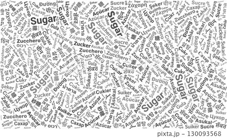 Sugar word cloud in multiple languages arranged diagonally in gray text on white background for poster, label, or presentation design 130093568