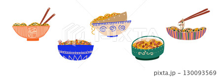 Noodles in Bowl with Chopstick Vector Set 130093569