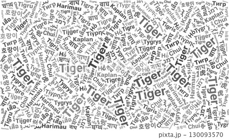 Tiger word cloud in multiple languages diagonal gray text on white background for poster, banner, infographic, or presentation design 130093570