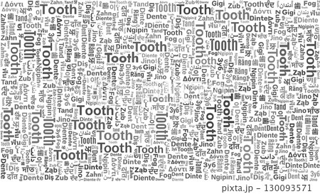 Tooth word cloud in multiple languages isolated on white background for poster, label, infographic, or presentation design 130093571