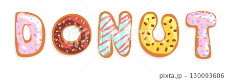 Donut Font with Sweet Sugar Glazing and Sprinkles Vector Set Donut Font with Sweet Sugar Glazing and Sprinkles Vector Set 130093606