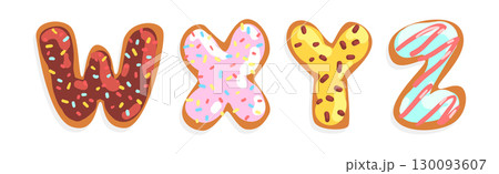 Donut Font with Sweet Sugar Glazing and Sprinkles Vector Set Donut Font with Sweet Sugar Glazing and Sprinkles Vector Set 130093607
