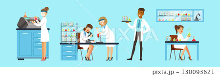 Man and Woman Scientists at Science Lab Conduct Chemical Research Vector Set 130093621