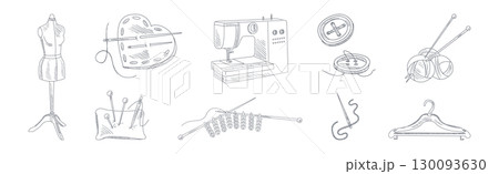Sewing Hand Drawn Object and Tool Vector Set 130093630