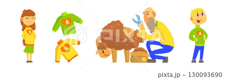 Knitwear with Man Shearing Sheep Vector Set 130093690