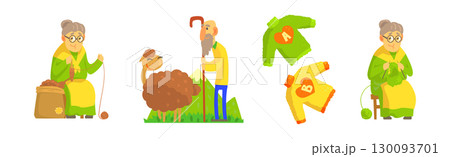 Knitwear with Woman Knit Sweater and Man Grazing Sheep Vector Set 130093701
