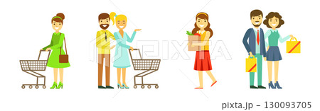 Man and Woman at Supermarket and Grocery Store Shopping Vector Set 130093705