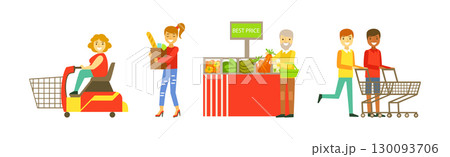 Man and Woman at Supermarket and Grocery Store Shopping Vector Set 130093706